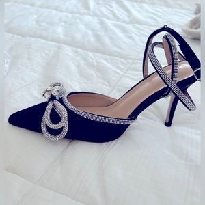 Satin crystal ankle wrap heels
